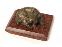 Small paperweight sculpture bronze dog lying red marble cherry nineteenth