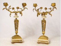Pair candlesticks 2 lights Louis XVI flowered gilded bronze crystal marble XIXth