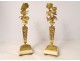 Pair candlesticks 2 lights Louis XVI flowered gilded bronze crystal marble XIXth