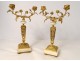 Pair candlesticks 2 lights Louis XVI flowered gilded bronze crystal marble XIXth