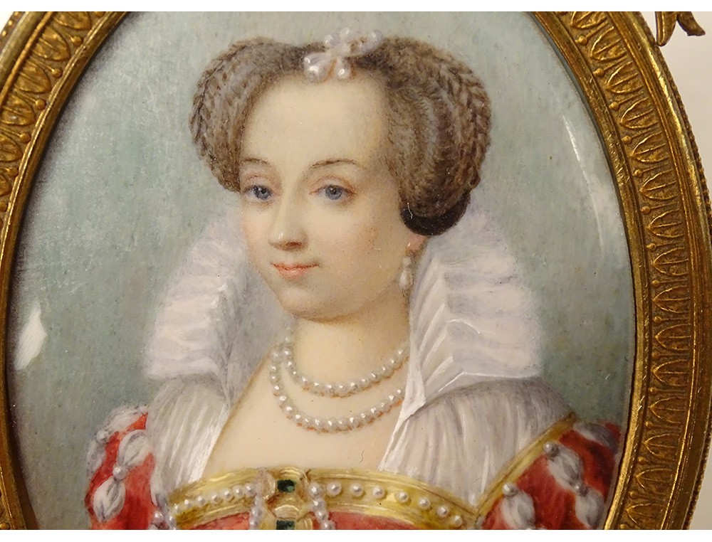 Broche Cadre Ovale En Laiton Doré - Portrait De Femme Peint à La Main Signé, Occasion Bon état