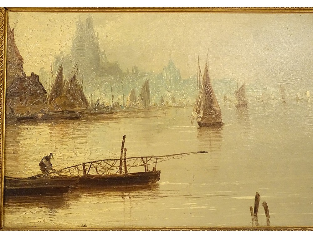 Tableau Huile Sur Toile - École Hollandaise Fin XVIIe - Marine Et Bateaux