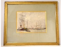 Watercolor marine view port boats sailboats North Europe Netherlands XIXth