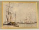 Watercolor marine view port boats sailboats North Europe Netherlands XIXth