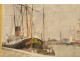 Watercolor marine view port boats sailboats North Europe Netherlands XIXth