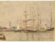 Watercolor marine view port boats sailboats North Europe Netherlands XIXth