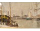 Watercolor marine view port boats sailboats North Europe Netherlands XIXth