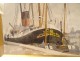 Watercolor marine view port boats sailboats North Europe Netherlands XIXth