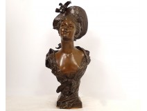 Bronze sculpture bust young woman Hippolyte Moreau Art Nouveau XIXth century
