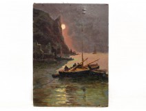HSP Painting Marine Moonlight Fountain Douelan 20th Finistère