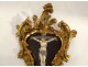Stoup carved wood gilded enamel plate Christ crucifix XIXth shell