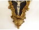 Stoup carved wood gilded enamel plate Christ crucifix XIXth shell