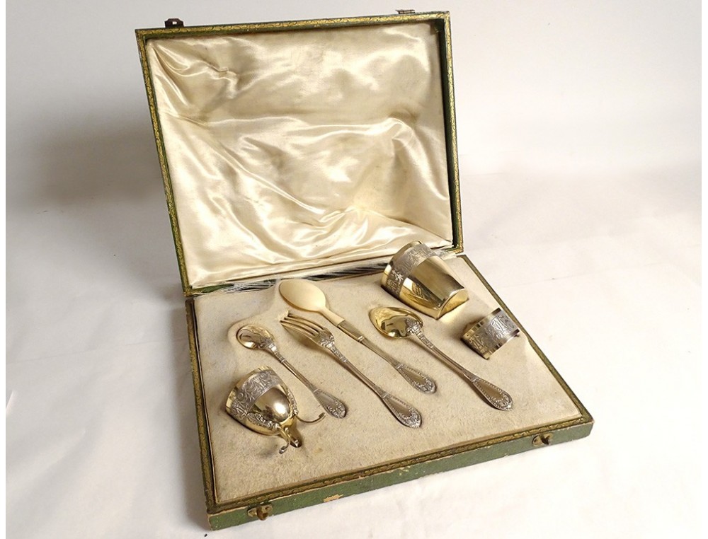 COFFRET DE BAPTEME en argent timbale RAVINET D'ENFERT couverts SOUFFLOT