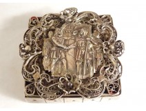 Mother-of-pearl silver metal box characters soldiers gallant scene nineteenth couple