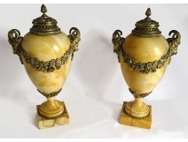 Pair of large Siena marble cassolettes gilt bronze rams heads XIXth