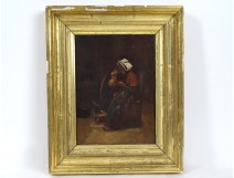 HST painting portrait old woman spinner distaff golden frame XIX