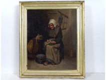 HST table portrait old woman clogs farm chickens gilt frame XIX