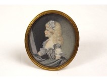 Miniature painted oval portrait young girl knot bronze frame XIXth century