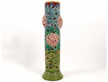 Sarreguemines earthenware tubular vase openwork flowers foliage XIXth century