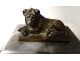 Pair bronze paperweight sculptures lying lions gray marble 18th century