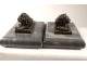 Pair bronze paperweight sculptures lying lions gray marble 18th century