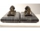 Pair bronze paperweight sculptures lying lions gray marble 18th century