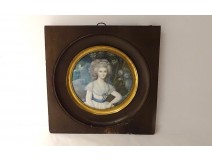 Miniature painted portrait young elegant woman flowers signed Guillory XIXth