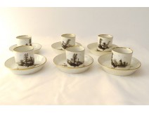 6 Viennese grisaille porcelain cups landscapes castles ponds early 19th century