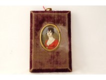 Painted miniature oval portrait young woman pearl necklace early 19th century