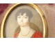 Painted miniature oval portrait young woman pearl necklace early 19th century