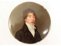 Round miniature on enamel portrait young man signed Hamm Empire XIXth