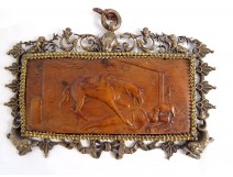 Bas-relief boxwood plaque carved dead horseman horse dog trumpet XVIII