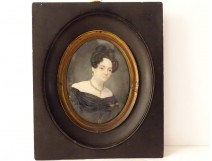 Painted miniature Céline Parmentier portrait woman pearl necklace 1831 XIXth