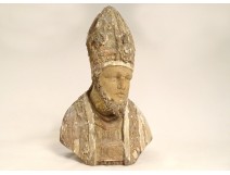 Statue bust bishop Saint miter Limousin wood carved polychrome XVIIIth