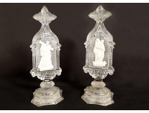 Pair of crystal-ceramic oratory ornaments Virgin Child Christ cross XIXth