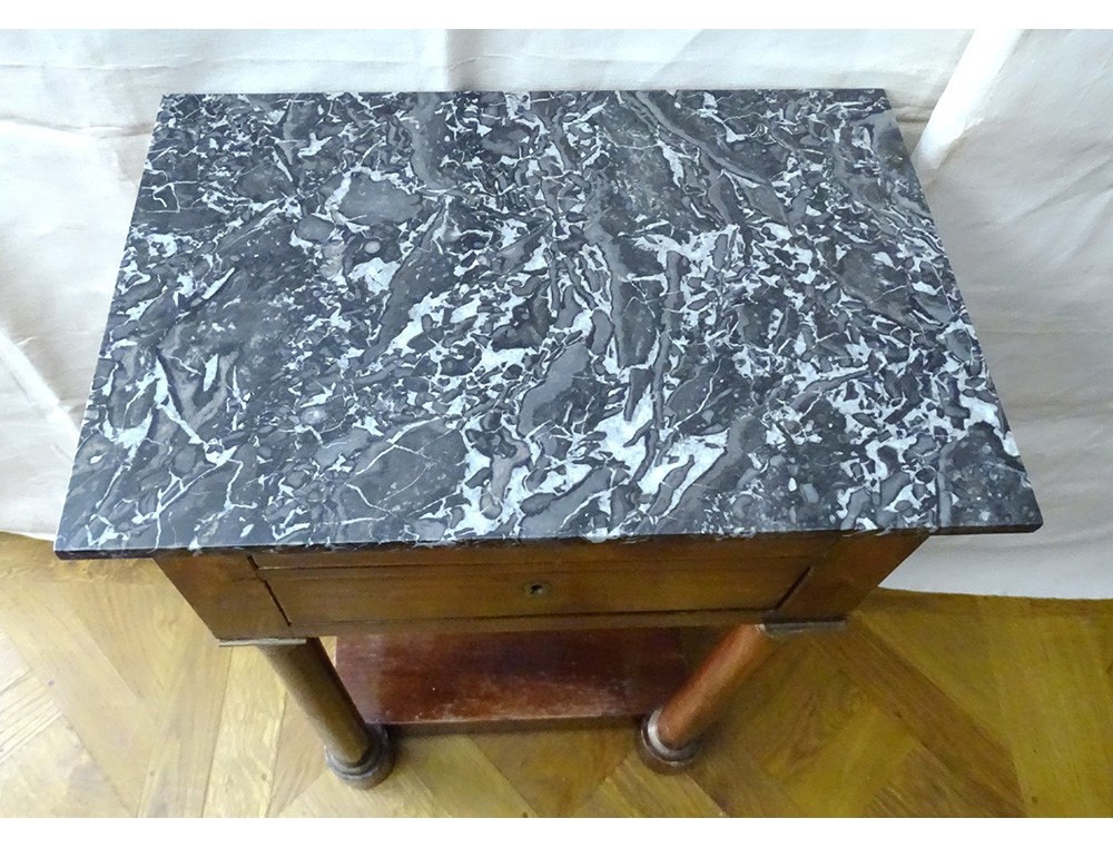 Empire mahogany bedside table gray marble gilt bronze columns century