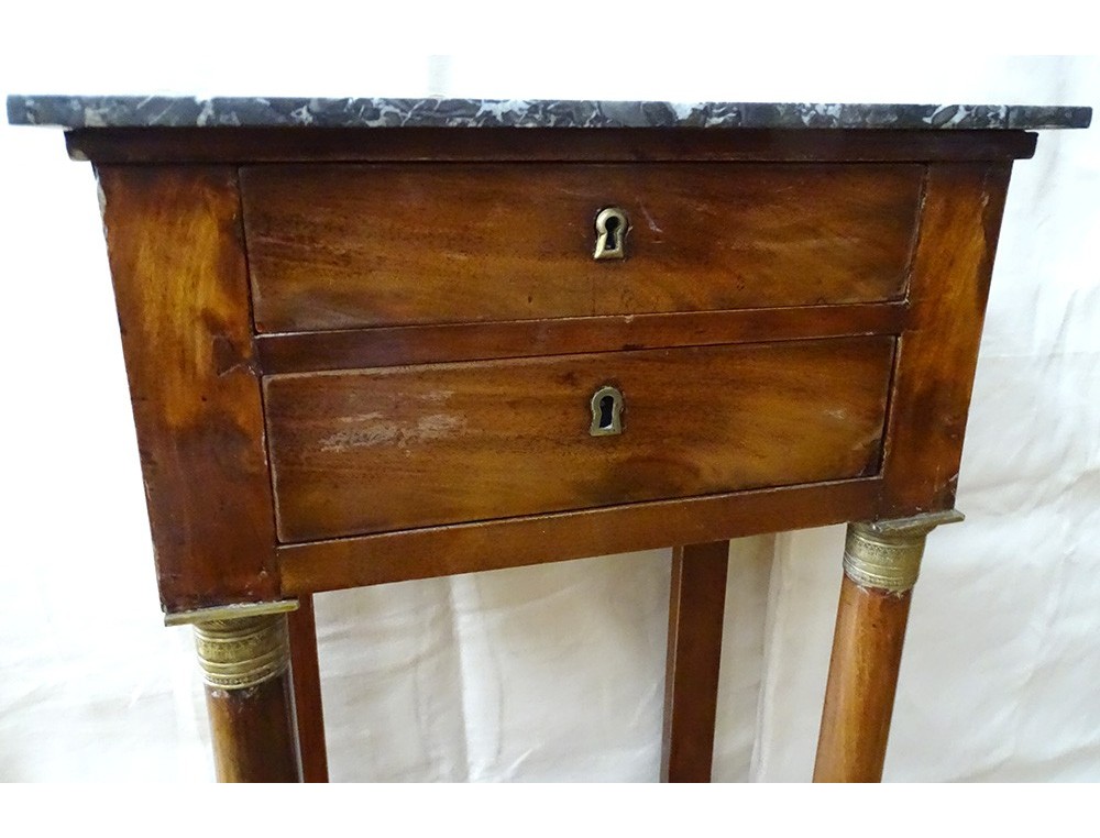 Empire mahogany bedside table gray marble gilt bronze columns