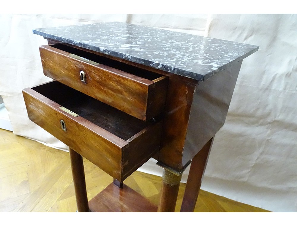 Empire mahogany bedside table gray marble gilt bronze columns century