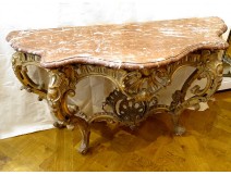 Console Louis XV gilded stuccoed wood shells flowers marble breccia XIXth