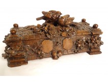 Glove box carved wood box Black Forest birds Wirth XIXth