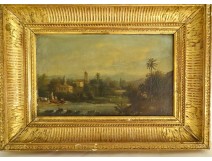 HST orientalist painting landscape palm trees characters golden frame XIX