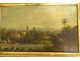 HST orientalist painting landscape palm trees characters golden frame XIX