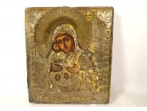 Russian Orthodox icon Our Lady Vladimir Virgin Tenderness copper XIXth