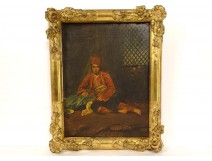 HST orientalist painting portrait young Arab boy golden frame XIXth century