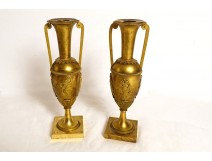 Pair of gilt bronze candlestick vases amphoras women dancers Empire XIXth