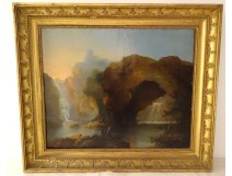 HST landscape painting Italian school characters waterfall frame stuccoed XIXth