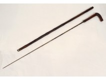 Canne épée système ancienne bois épineux lame damasquinée pommeau XIXème