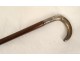 Canne ancienne pommeau argent massif fleurs fût bois XIXème siècle