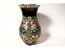 Vase faïence émaillée polychrome Thoune Suisse fleurs feuillage XIXè siècle