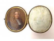 Miniature peinte portrait homme de loi magistrat étui cuir XVIIIème siècle